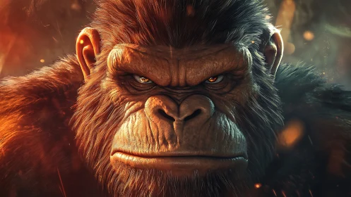 Gorilla-like creature stares forward with intense glowing eyes