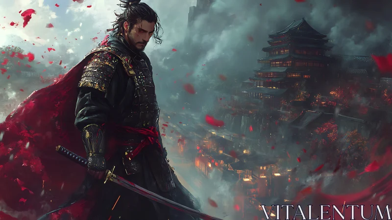 Armored warrior stands before burning misty fortress at night