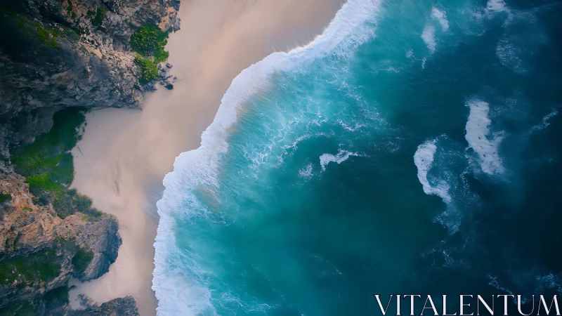 Overhead coastal view shows surf meeting sand and cliffs
