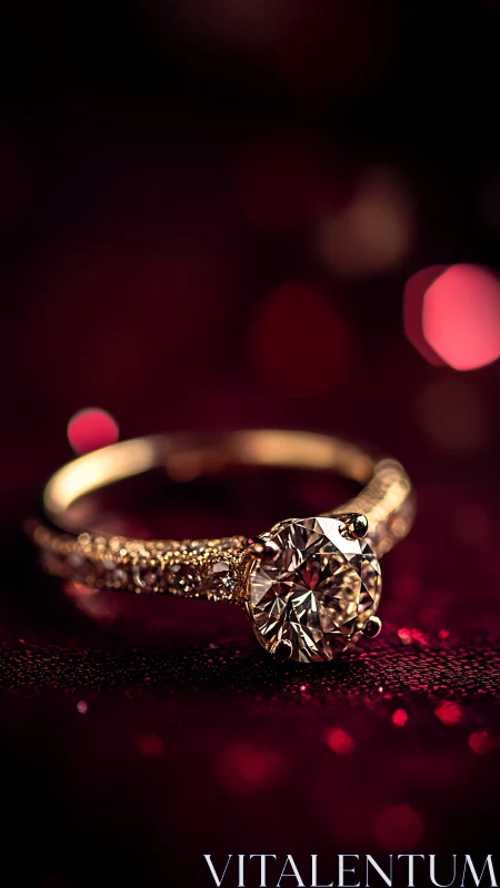 Macro study of diamond solitaire ring on bokeh field.