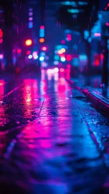 Neon rain reflections on wet urban street with bokeh lights.
