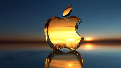 Golden Apple Logo in 3D on Reflective Surface at Sunset.