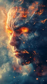 Fiery cosmic face quietly emerges from swirling dark clouds