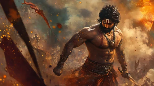 Warrior in swirling firelight claiming his mythic moment.