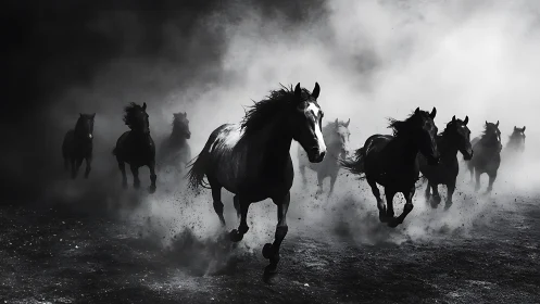 Galloping horses charge through dense swirling dust cloud