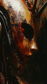 Rust-stained horned android head in dramatic profile view.