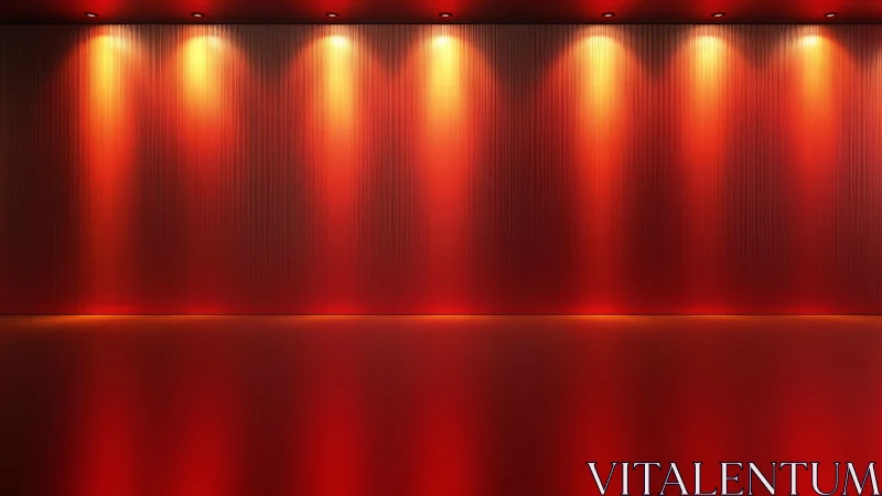 Red illuminated wall with spotlights and glossy floor.
