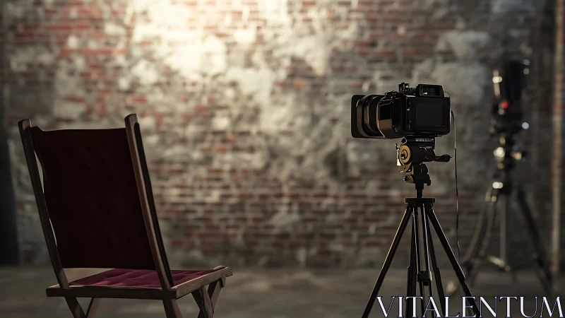 Studio tripod camera faces empty director’s chair in brick loft