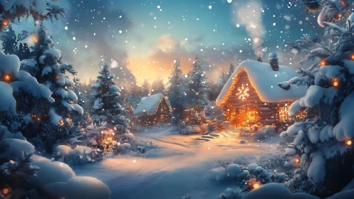 Snow-covered forest cabins with illuminated winter lighting.