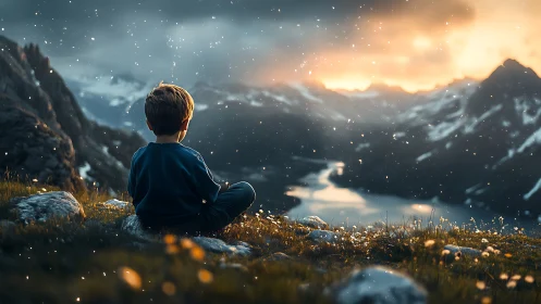 Boy Gazing at Mountain Lake at Sunset in Dreamy Cinematic Style.