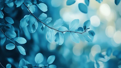 Delicate Branch with Blue Leaves in Soft Dreamy Bokeh Style.