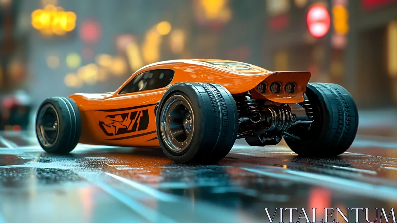 Orange concept street car on wet urban roadway at night.