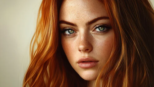 Red haired woman stares directly at camera in close portrait