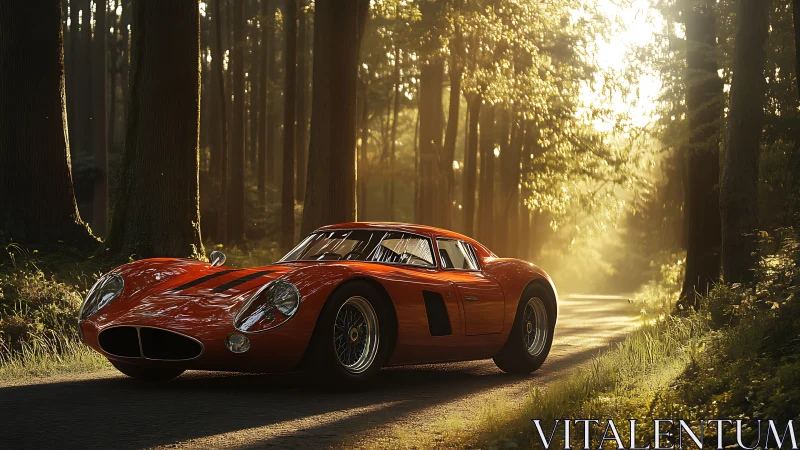 Red classic sports car parked on sunlit forest road.