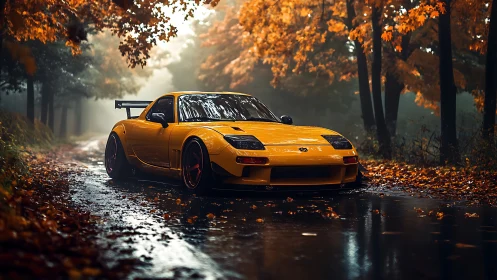 Yellow sports car on wet forest road in autumn rain.