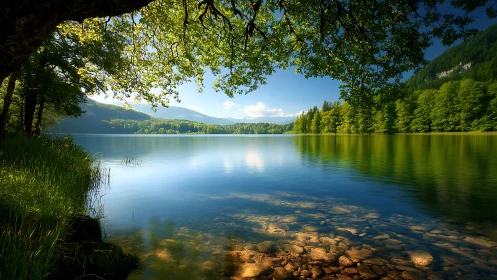 Tranquil mountain lake beneath arching summer foliage.