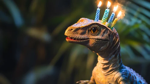 Dinosaur with lit birthday candles headpiece against blurred background