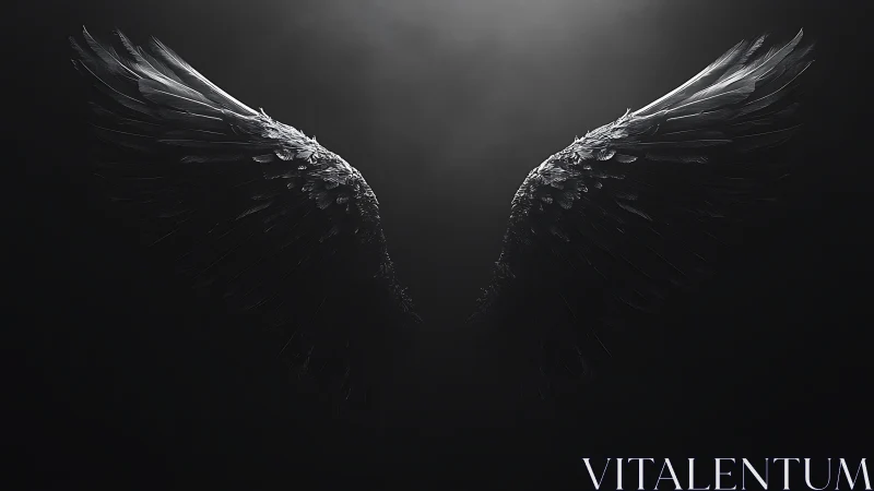 Midnight angel wings drift outward in sculpted silver hush