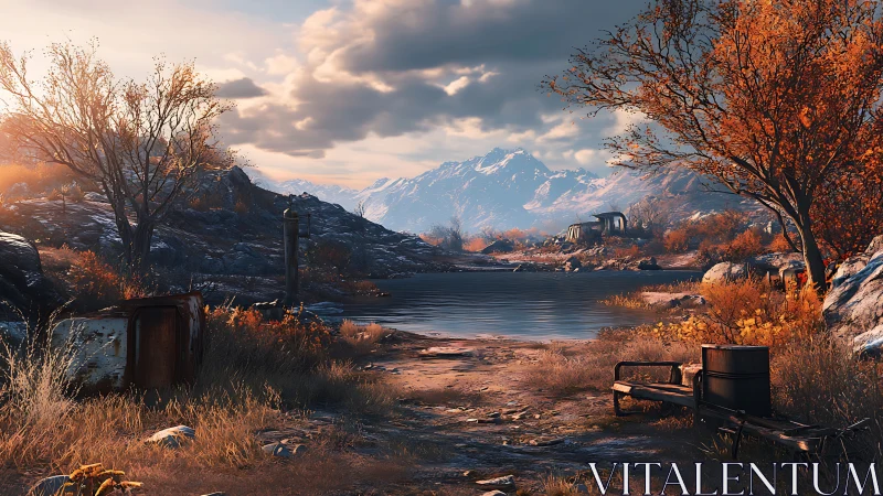 Autumn lakeside ruins rendered in cinematic digital painting