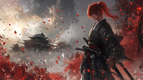 Red haired samurai stands before distant misty temple