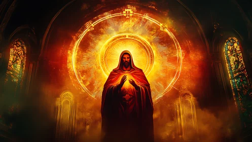 Radiant robed figure before fiery concentric halo in cathedral