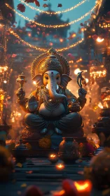 Golden Ganesha amid glowing festival lights and petals.
