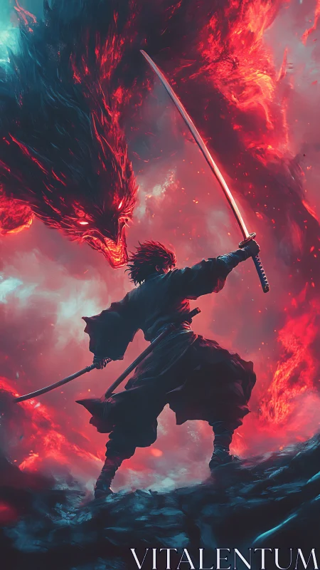Lone swordsman facing a blazing spirit wolf in storming sky.