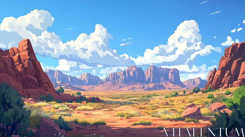 Sunlit desert mesa panorama rendered in stylized digital painting