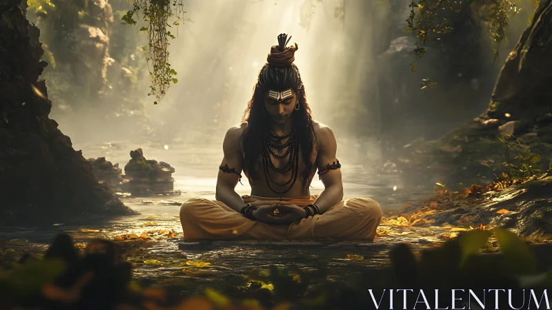 Forest-lit yogi in golden river trance of silent thunder.