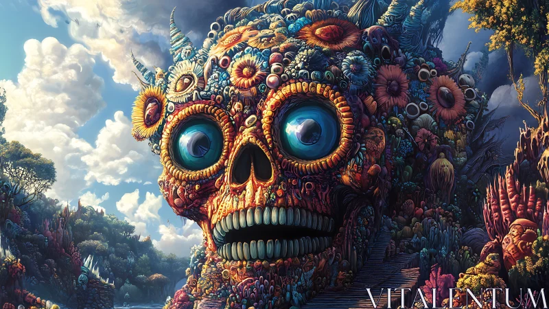 Floral coral skull tower rises within dense fantastical jungle