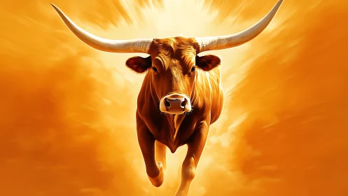 Solar-charged longhorn bull charging through molten dawn.