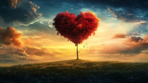 Heart-Shaped Tree Blooms Against Celestial Canvas.