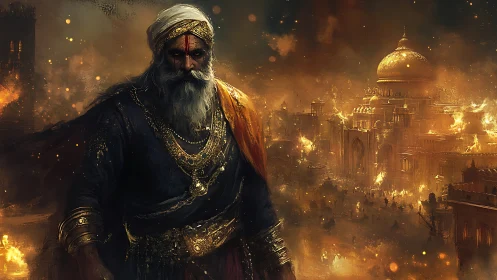 Warrior king surveys burning golden city under siege.