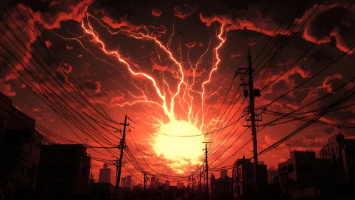 Electrified sunset singularity over dense urban power grid.