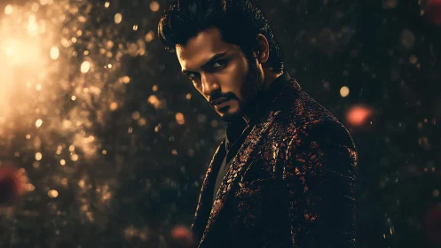 Moody portrait shows man in glittering suit under warm bokeh
