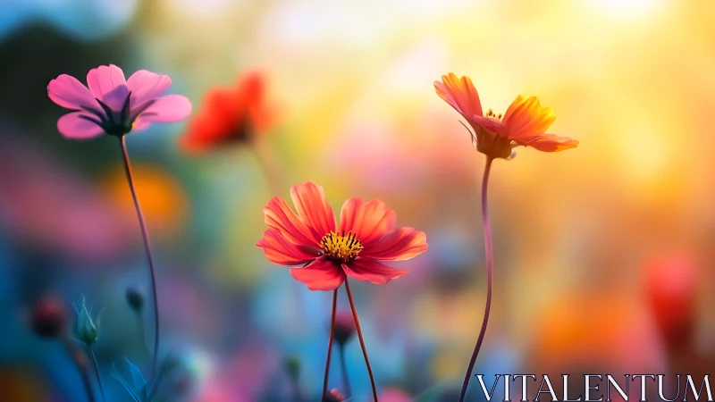 Shallow-depth cosmos flowers rendered with differential bokeh optical sophistication.