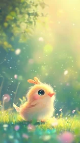 Golden Dreamer: Whimsical Chick in Enchanted Meadow.