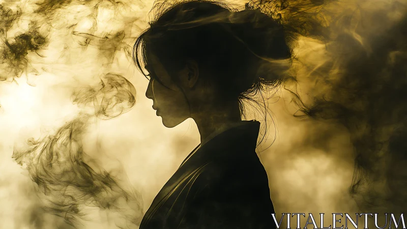 Silhouette of female profile surrounded by swirling smoke.