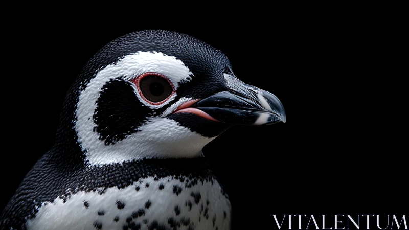 Close-up portrait of a penguin in dramatic lighting on black background.