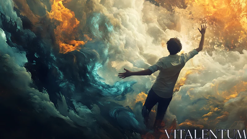 Dreamer Reaching Into Swirling Clouds of Light and Shadow.