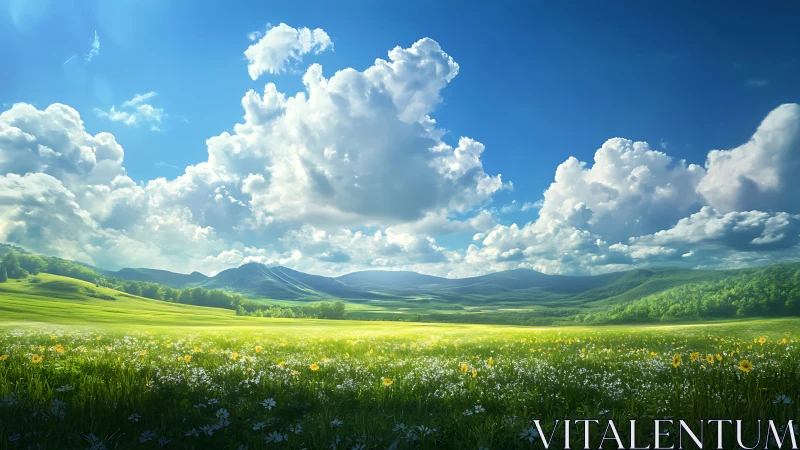 Sunlit wildflower meadow under bright summer skies.