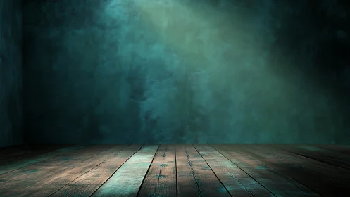 Textured teal wall with directional spotlight over wood planks.