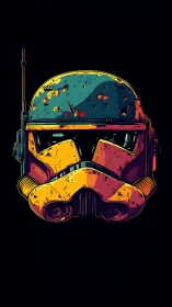 Neon battle-scarred sci-fi helmet glows against deep black