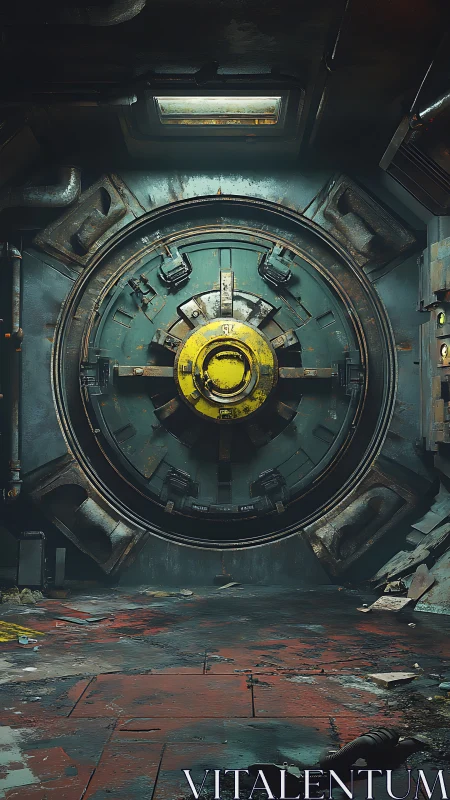 Corroded circular blast door in abandoned industrial vault