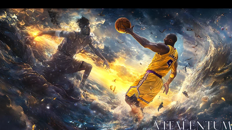 Dynamic basketball duel in stormy cosmic ocean landscape