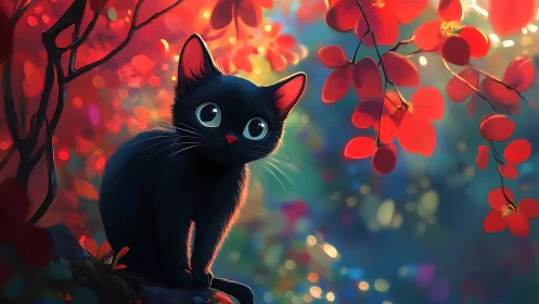 Black Cat with Luminous Eyes Among Red Blossoms.