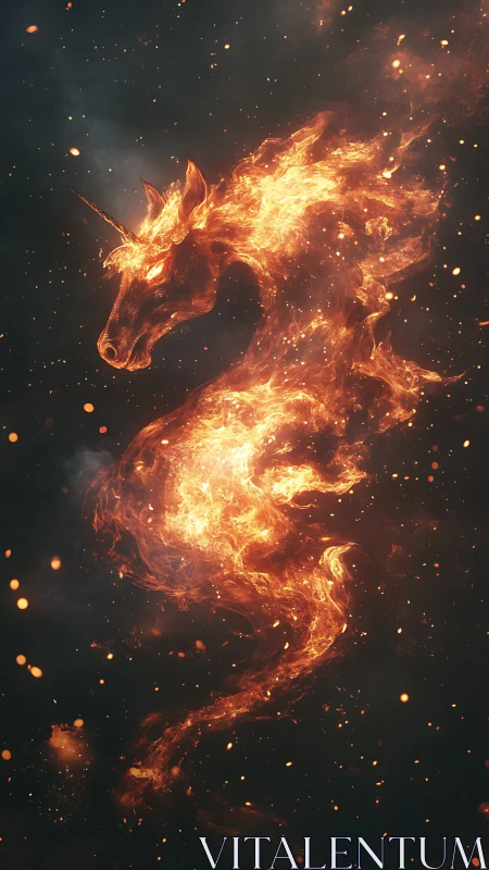 Flaming unicorn silhouette coils through dark cosmic void.