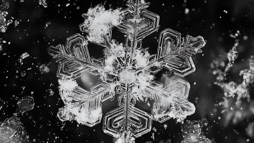 Intricate snowflake macro reveals crystalline winter geometry.