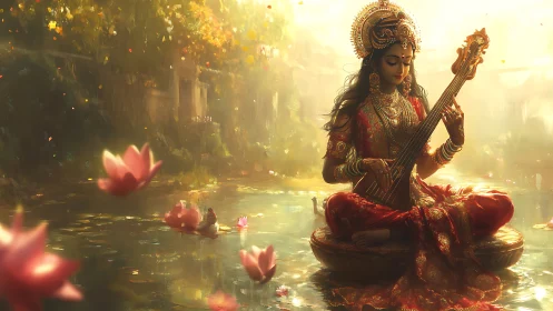 Goddess in golden light plays veena amid floating lotus blooms.