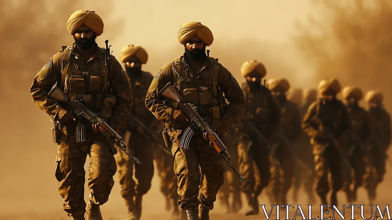 Turbaned soldiers advancing through sunlit desert haze.